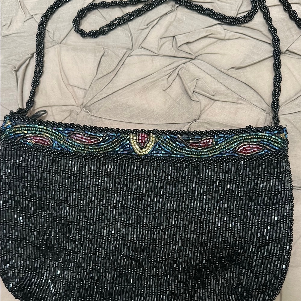Black and Multicolored Beaded Purse Small Crossbody evening Bag - Picture 2 of 4